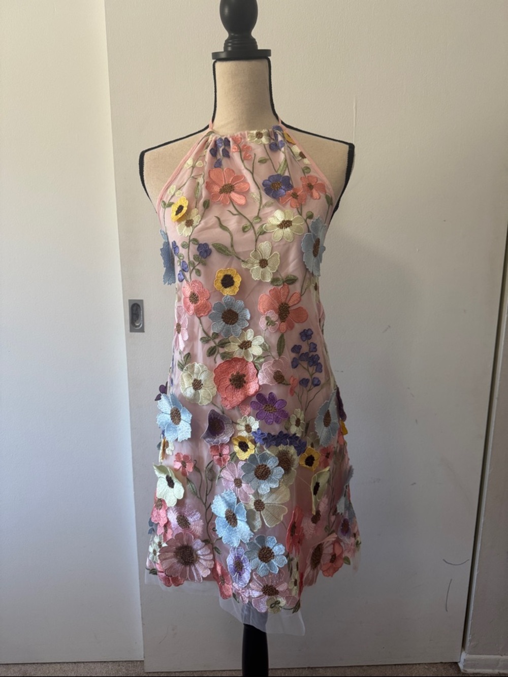 SHEIN Pink Embroidered Floral Mesh Dress